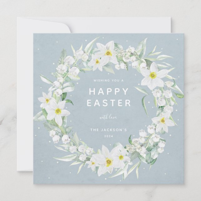 Blue + White Floral Wreath Happy Oaster Flat Card Einladung (Vorderseite)