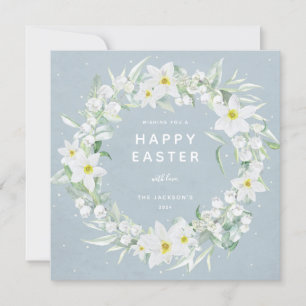 Blue + White Floral Wreath Happy Oaster Flat Card Einladung