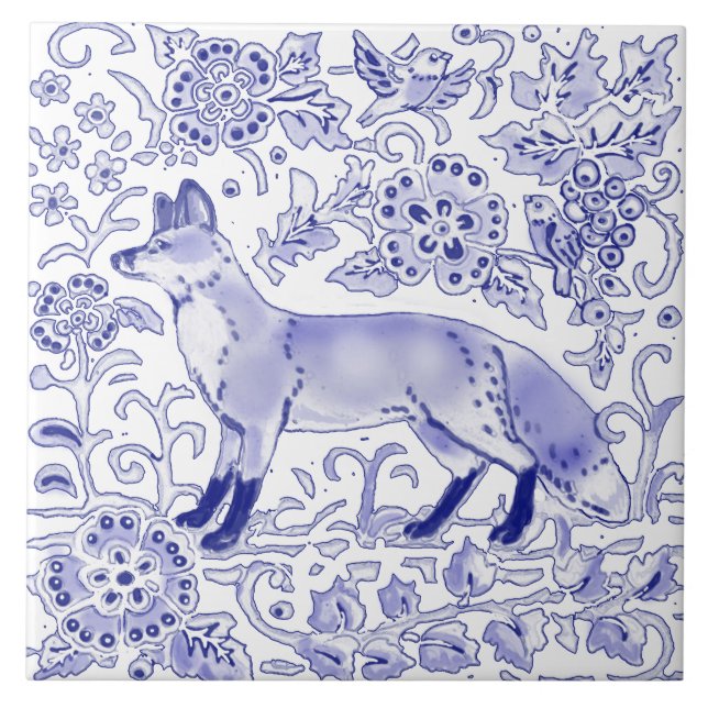 Blue White Fox Bird Woodland Bauernhof Rustikale K Fliese (Vorderseite)