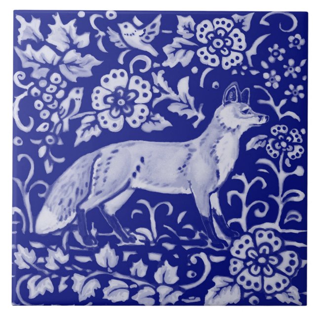 Blue White Fox Bird Woodland Bauernhof Rustikale K Fliese (Vorderseite)