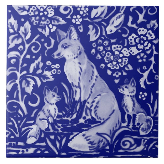 Blue White Fox Family Animal Farmhouse Rustikale K Fliese (Vorderseite)