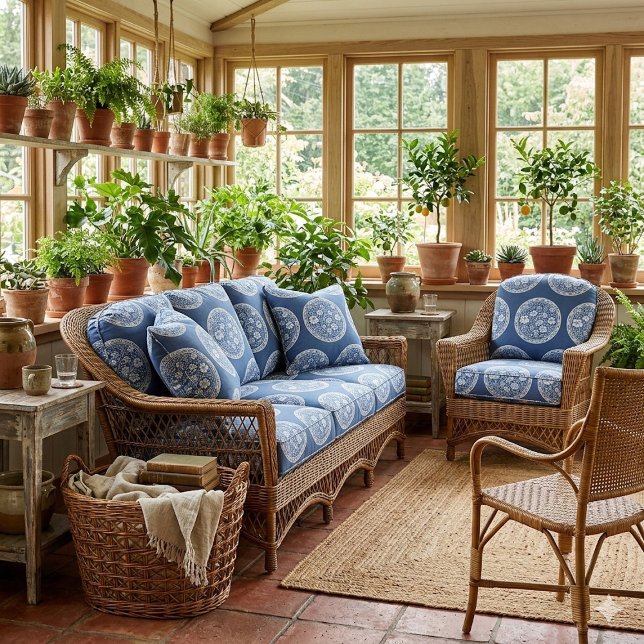 Blue White French Toile Circular Frame Whimsical  Stoff (Blue White French Toile Circular Frame Whimsical Fabric)