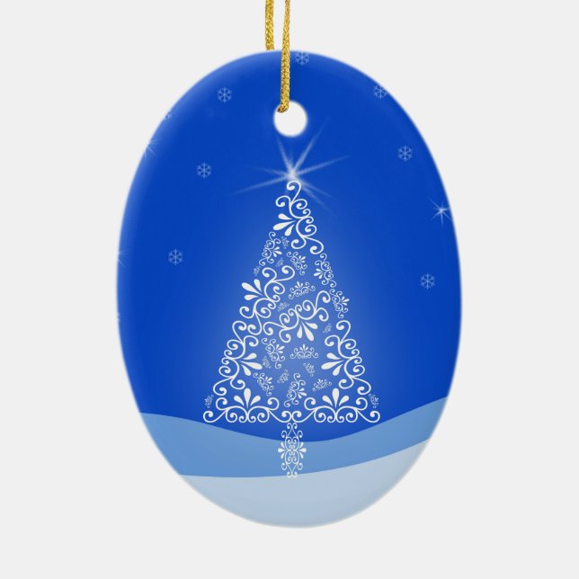 Blue White Frohe Weihnachtsbaumstars Night Light Keramikornament (Hinten)