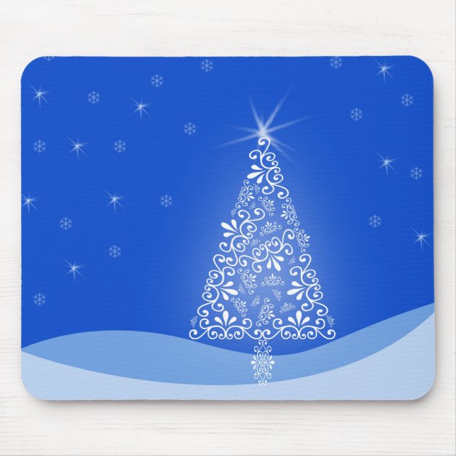 Blue White Frohe Weihnachtsbaumstars Night Light Mousepad (Vorne)
