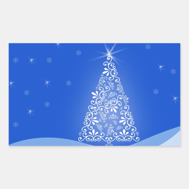 Blue White Frohe Weihnachtsbaumstars Night Light Rechteckiger Aufkleber (Vorderseite)