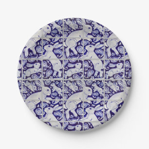 Blue White Fun Bunny Rabbit Tile Paisley Garden Pappteller