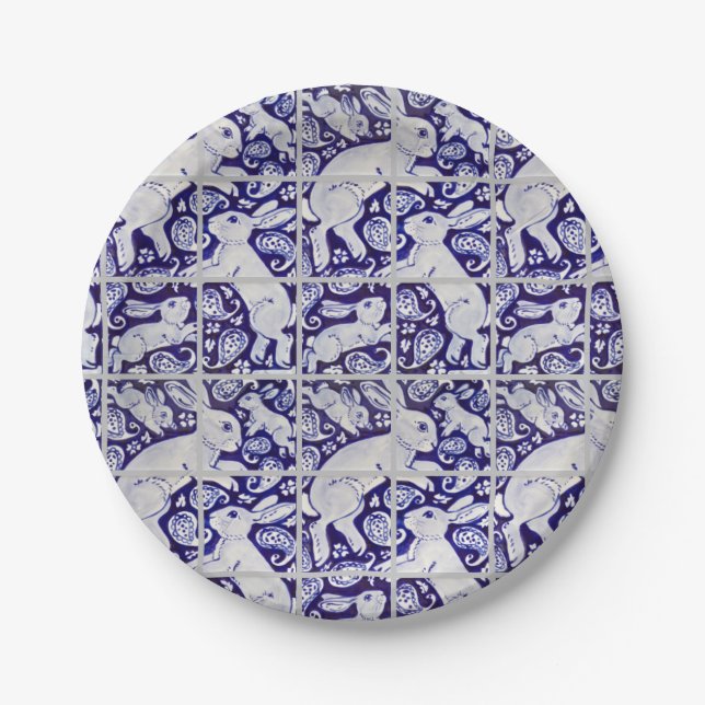 Blue White Fun Bunny Rabbit Tile Paisley Garden Pappteller (Vorderseite)