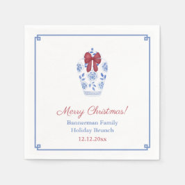 Blue White Ginger Jar Red Ribbon Holiday Party Serviette