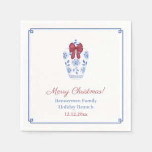 Blue White Ginger Jar Red Ribbon Holiday Party Serviette
