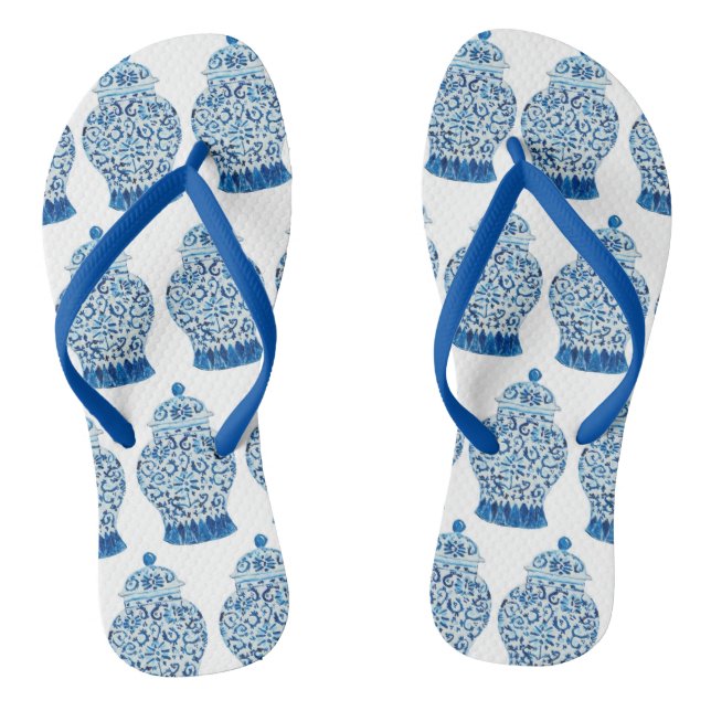 Blue White Ginger Jar Thongs Flip Flops (Fußbett)