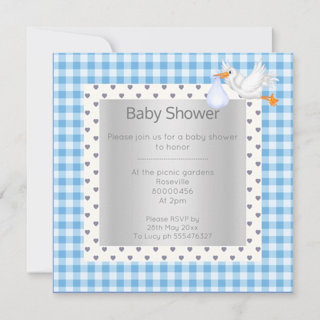 Blue White Gingham Babydusche Single Storch Einladung (Vorderseite)