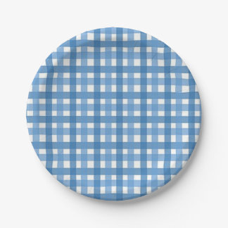 Blue & White Gingham Karo Babydusche Papierplatte Pappteller