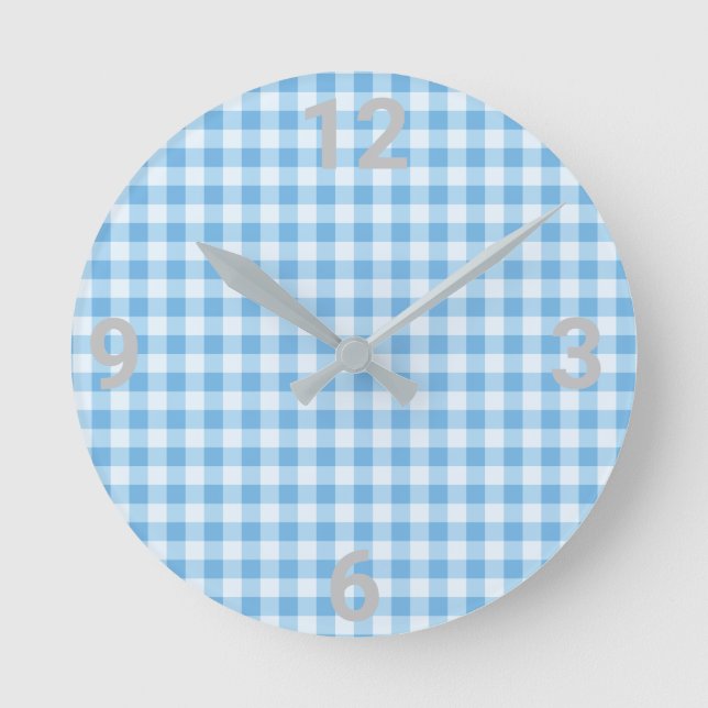 Blue White Gingham Moderne Uhr (Vorderseite)
