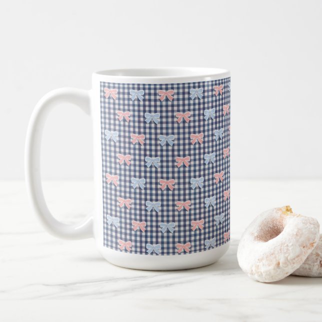 Blue White Gingham Pink Blue Coquette Bows Trendy  Kaffeetasse (Mit Donut)