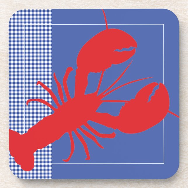 Blue White Gingham Red Lobster Coastal Maine Getränkeuntersetzer (Vorderseite)