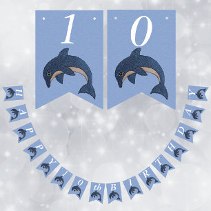 Blue White Glittery Jumping Birthday Dolphin Wimpelkette