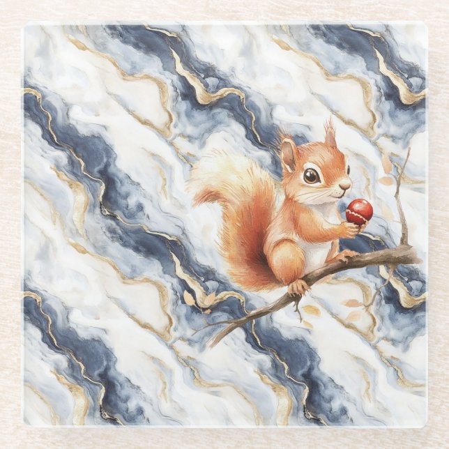 Blue White Gold Abstract Squirrel Apple Glasuntersetzer (Vorderseite)