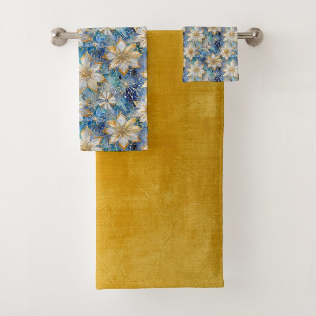 Blue White Gold Christmas Poinsettias Badhandtuch Set (Insitu)