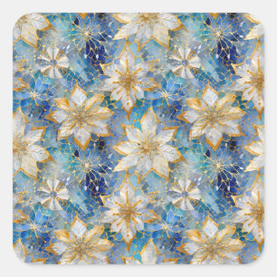 Blue White Gold Christmas Poinsettias Quadratischer Aufkleber