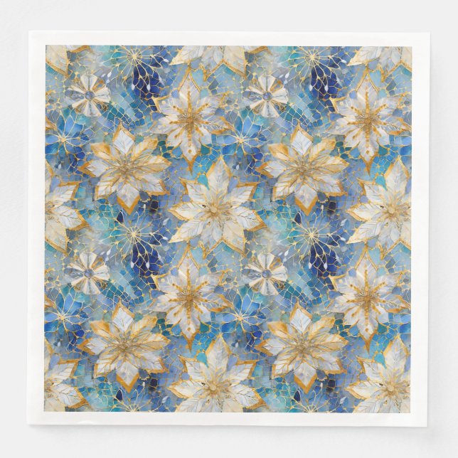 Blue White Gold Christmas Poinsettias Serviette (Vorderseite)