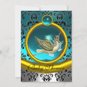 BLUE WHITE GOLD DAMASK STORK BABY SHOWER MONOGRAM EINLADUNG
