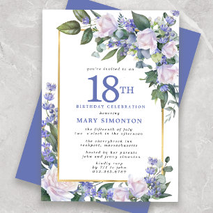 Blue White Gold Floral 18. Geburtstag Einladung
