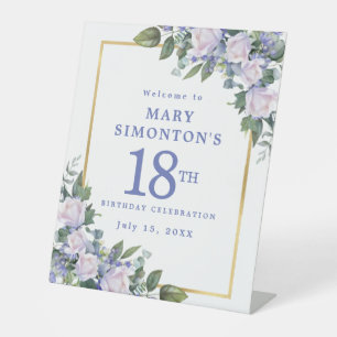 Blue White Gold Floral 18. Geburtstag Willkommen Sockelschild