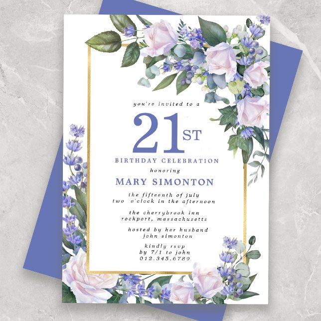 Blue White Gold Floral 21. Geburtstag Einladung (Von Creator hochgeladen)