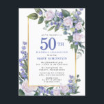 Blue White Gold Floral 50. Geburtstagsparty Einladungspostkarte<br><div class="desc">Ehre eine besondere Frau mit dieser eleganten und weiblichen 50. Geburtstagsfeier. 50. ist in großem blauen Text geschrieben. Die Geburtstagsfeier folgt. Der Name des geehrten Gastes ist auch in blauen Hauptstädte zu finden. Der Rest des Textes ist weich taubengrau. Die Details der Geburtstagsfeier sind von einem schicken goldenen Rahmen umgeben,...</div>