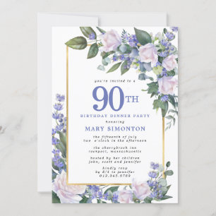 Blue White Gold Floral 90. Geburtstag Abendessen Einladung