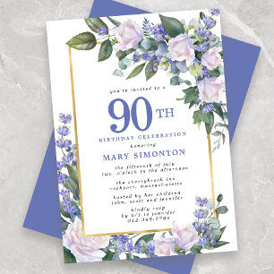 Blue White Gold Floral 90. Geburtstag Einladung