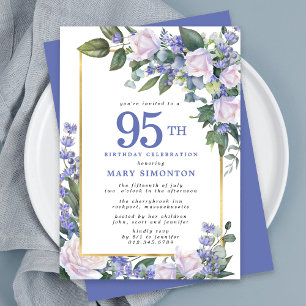 Blue White Gold Floral 95. Geburtstag Einladung