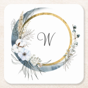 Blue White Gold Floral Monogram Boho Wedding Rechteckiger Pappuntersetzer