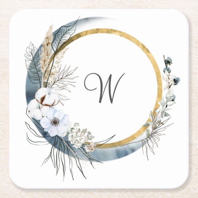 Blue White Gold Floral Monogram Boho Wedding Rechteckiger Pappuntersetzer (Vorderseite)