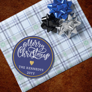 Blue White Gold Frohe Weihnachten Runder Aufkleber