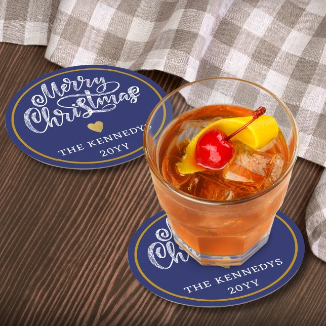 Blue White Gold Frohe Weihnachten Runder Pappuntersetzer (Von Creator hochgeladen)