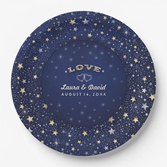 Blue White & Gold LIEBE Stars Hochzeiten Teller (Vorderseite)