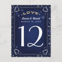 Blue White & Gold Liebe & Stars Tischnummer Cards