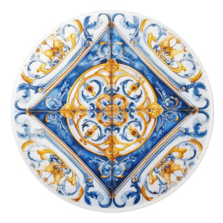 Blue White Gold Look Talavera Azulejo Tile Keramikknauf