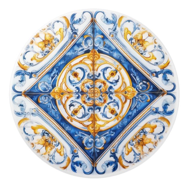 Blue White Gold Look Talavera Azulejo Tile Keramikknauf (Vorderseite)