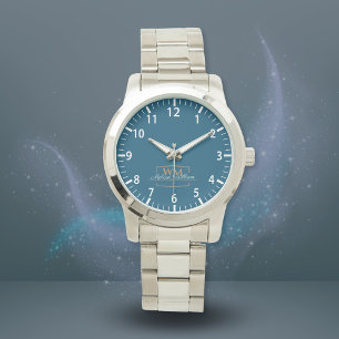 Blue White Gold Monogram Name Script Armbanduhr