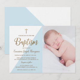 Blue White Gold Taufe Baby Boy Foto Einladung