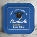 Blue White Graduate 2025 Graduation Party Square Pappteller<br><div class="desc">Diese moderne,  blau-weiße,  maßgeschneiderte Papiertafel der Graduiertengruppe zeigt klassische Typografie Ihres High School- oder Uni-Namens für die Klasse von 2025. Passen Sie mit Ihrem geschlossen Jahr unter der schicken handgeschriebenen Drehbuch und schwarzen Graduiertenkappe für ein großartiges personalisiertes Graduiertendekor.</div>