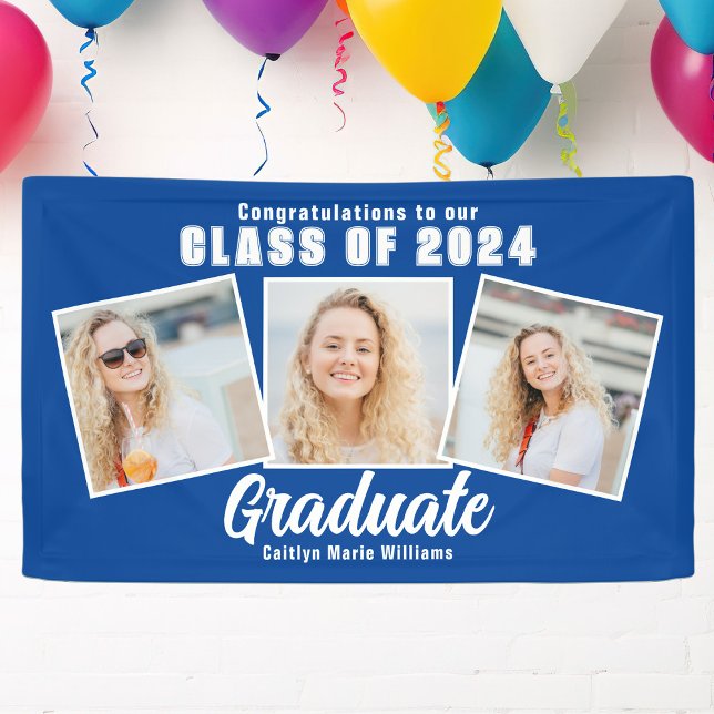 Blue White Graduation Party 3 Foto Collage Banner (Von Creator hochgeladen)