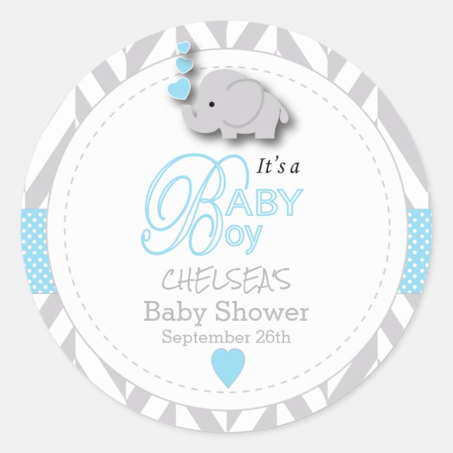 Blue, White Gray Elephant Baby Dusche Runder Aufkleber (Vorderseite)