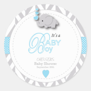 Blue, White Gray Elephant Baby Dusche Runder Aufkleber