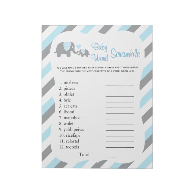 Blue, White & Gray Elephant Baby Shower Word Game Notizblock (Rotiert)