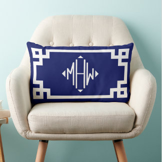 Blue White Greece Key #2 Diamond Monogram DIY BG Lendenkissen