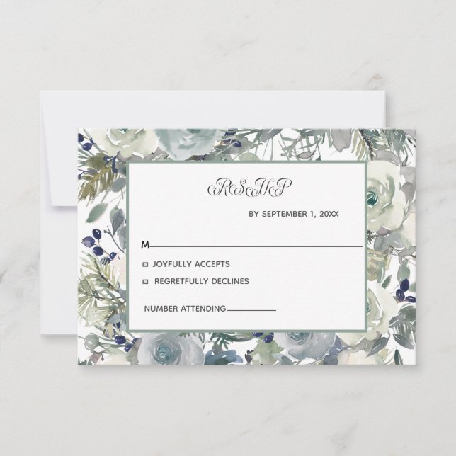 Blue White Green Floral Wedding RSVP Karte (Vorderseite)