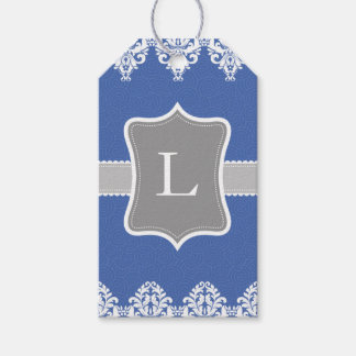 Blue White Grey Wirbel Monogram Gift Tags Geschenkanhänger